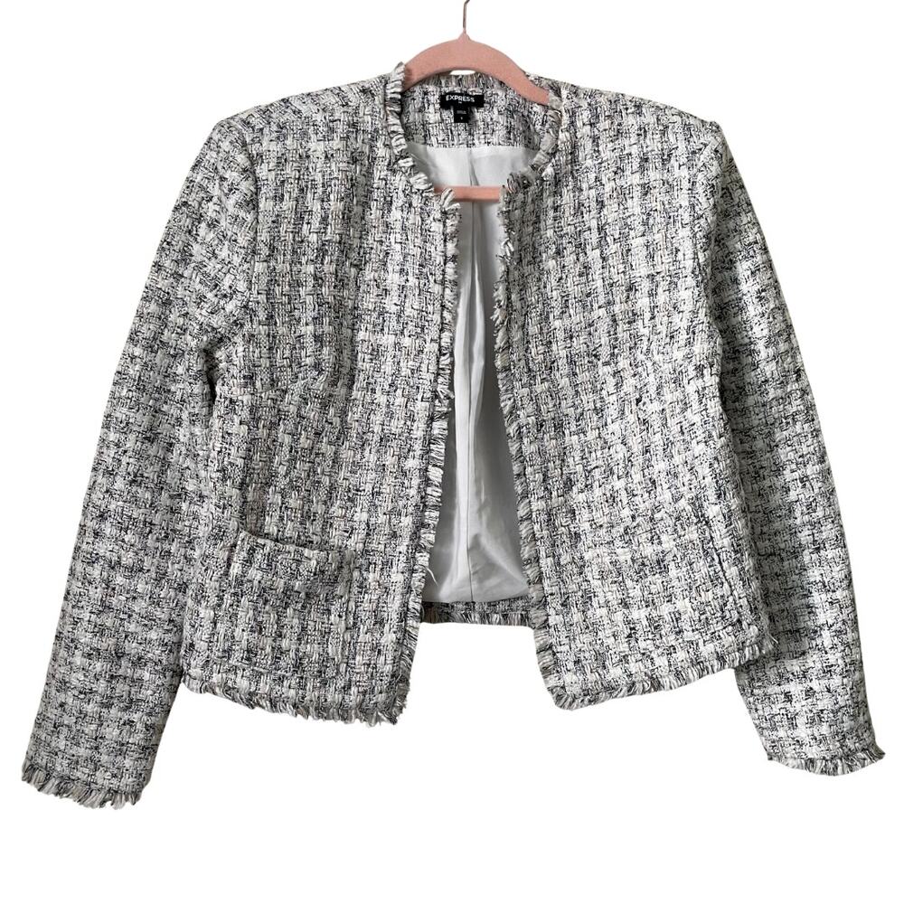 Express Blazer Jacket Womens Small White Black Tweed Plaid‎ Open Front Fringe
